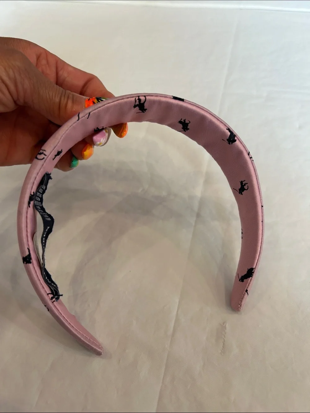 Ralph Lauren Pale Pink Satin Headband with Black Pony Print